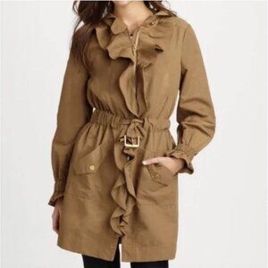 Tory Burch Warren Ruffle Coat 4 Tan Jacket Raincoat Trench Zip Hooded Classic